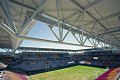 The 52,500-seat redeveloped Lang Park adopts an all-round bowl design and a " floating " roof to re-create the Cauldron atmosphere. More than 21,000 square metres of COLORBOND® steel was used to erect the stadium ' s continuous roof, while the three completely new grandstands use more than 1,800 tonnes of steel columns and 19,400 lineal metres of purlins made from GALVASPAN® steel.